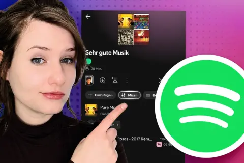 Frau zeigt auf Spotify-Playlist mit 90er Jahre Musik. Die Liste heißt "Sehr gute Musik" und enthält Alben aus den 90ern.