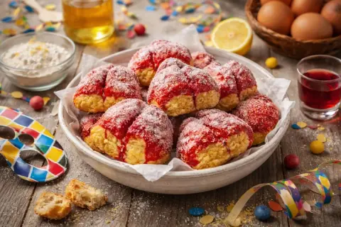 Scroccafusi di Macerata, dolcetti friabili con glassa rossa e zucchero, pronti per Carnevale.