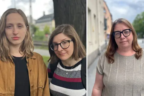Tre kvinnor med glasögon. En ung kvinna med blont hår och brun jacka, en kvinna med brunt hår och randig tröja, och en kvinna med brunt hår och grå tröja. De ser ut att jobba som psykolog.