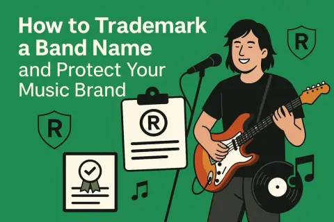 Illustration about how to trademark a band name. A musician plays guitar next to a microphone, with documents showing a registered trademark symbol.