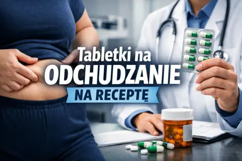 Leki na odchudzanie na receptę. Lekarz pokazuje opakowanie tabletek, obok leży buteleczka z lekami.