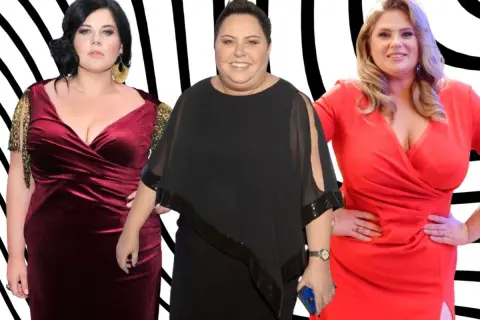 Trzy kobiety w eleganckich sukienkach. Jedna w bordowej, druga w czarnej, trzecia w czerwonej. Inspiracje na sukienki weselne plus size.