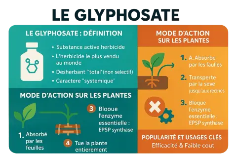 Infographie expliquant le glyphosate, son mode d'action sur les plantes et sa popularité en France.