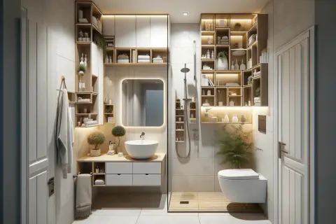 Plan salle de bain moderne avec lavabo, miroir, douche et toilettes suspendues. Étagères en bois clair pour le rangement.