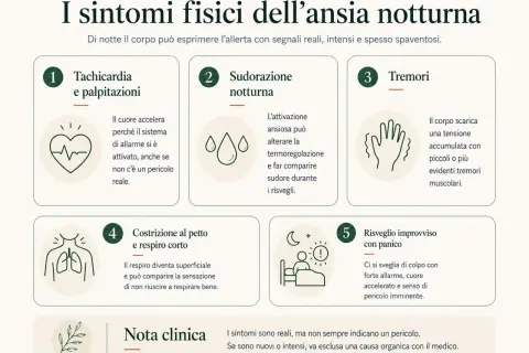 I sintomi fisici dell'ansia notturna: tachicardia, sudorazione, tremori, costrizione al petto e risvegli improvvisi con panico, agitato da ansia e timore.