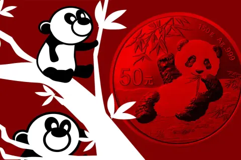 Stylizowana moneta z pandą i bambusem, obok rysunkowe pandy na gałęzi.