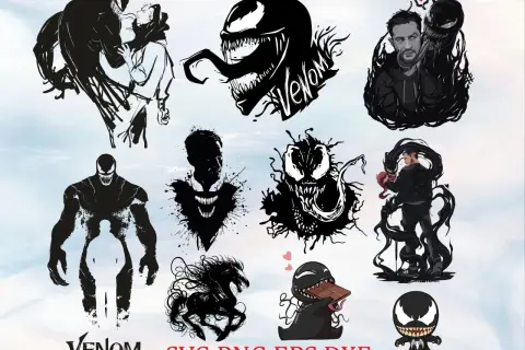 Colección de diseños de Venom, incluyendo siluetas, el personaje interactuando con Eddie Brock y un adorable Venom comiendo chocolate. Ideal para un tatuaje de Venom.