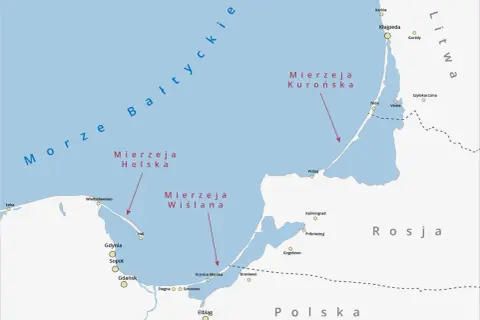 Mapa pokazuje jak powstaje mierzeja Wiślana i Helska. Widoczne są miasta: Gdańsk, Gdynia, Sopot, Hel, Kłajpeda, Kaliningrad.