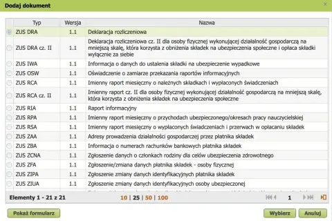 Lista dokumentów ZUS, w tym ZUS RCA - imienny raport miesięczny o należnych składkach i wypłaconych świadczeniach.