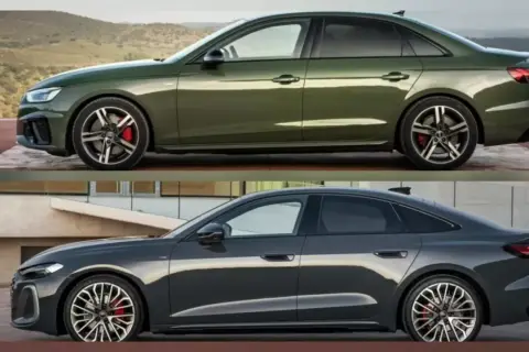 Dwa Audi: zielone A4 i ciemnoszare Audi A5 2025, porównanie stylistyki.