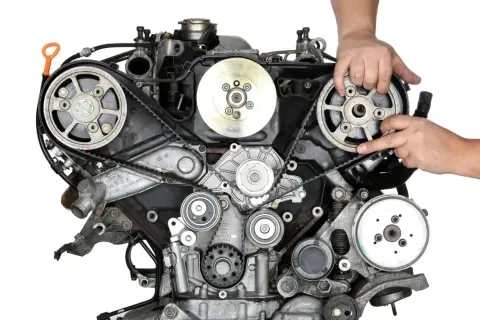 Mechanik demonstruje wymianę rozrządu w silniku samochodowym, wskazując na pasek i koła zębate.