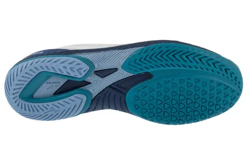 Podeszwę butów Mizuno Ghost Shadow zdobią niebieskie i turkusowe wzory zapewniające przyczepność.