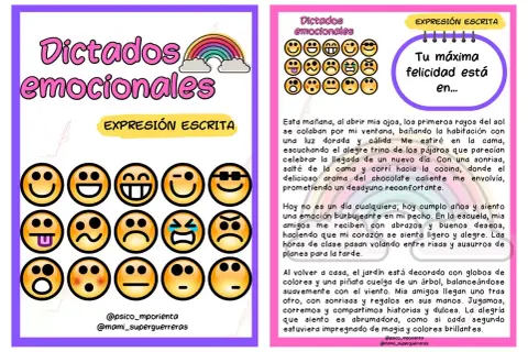 Emoticonos para dictado 3 primaria. Expresión escrita: "Tu máxima felicidad está en..." con texto sobre un día feliz.