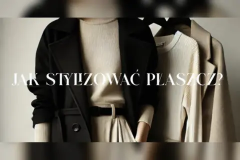 Elegancki płaszcz flauszowy z kapturem, prezentowany w stylizacji z beżowym golfem i spodniami.