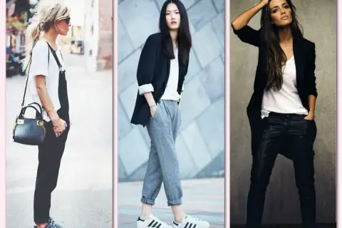 Trzy kobiety w stylizacjach inspirowanych stylem clean girl: w ogrodniczkach, dresach i skórzanych spodniach.