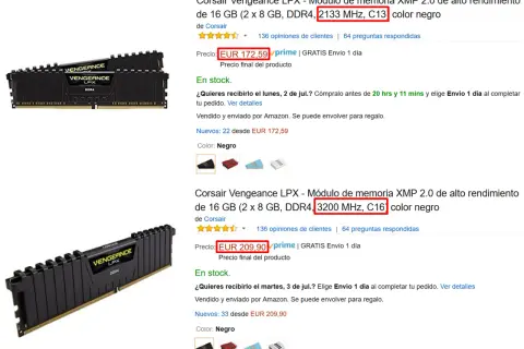 Módulos de memoria RAM CL que es DDR4 Corsair Vengeance LPX, uno de 2133 MHz C13 y otro de 3200 MHz C16.