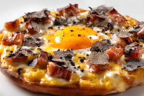 Deliciosa pizza con huevo, trozos de tocino crujiente y láminas de trufa negra. ¡Una combinación irresistible!