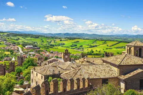 Un borgo medievale con torri e tetti in cotto, incastonato tra le verdi colline dell'Emilia Romagna, uno dei 5 borghi più belli della regione.