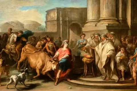 Thésée, le héros, affronte un taureau furieux, prélude à sa confrontation avec le Minotaure. Une foule observe la scène antique.
