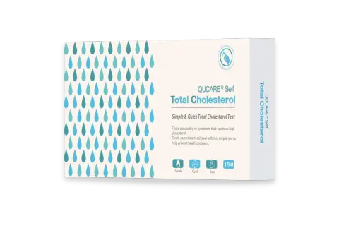 Opakowanie testu na **cholesterol** QUCARE® Self. Test pozwala szybko i łatwo sprawdzić poziom cholesterolu, co jest ważne dla zdrowia.