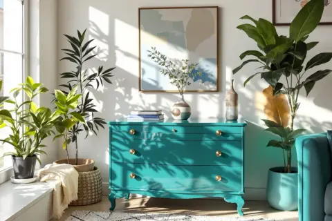 Commode turquoise au laquage peinture impeccable, ornée de poignées dorées. Des plantes vertes apportent de la fraîcheur à ce coin salon lumineux.