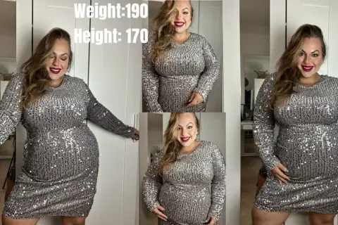 Kobieta w olśniewającej sukience cekinowej plus size, z uśmiechem na twarzy, gotowa na imprezę.