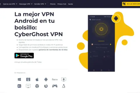 La mejor free vpn android, CyberGhost VPN, ofrece ancho de banda ilimitado y seguridad en redes Wi-Fi públicas. Compatible con Android.