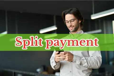 Mężczyzna w okularach korzysta z telefonu, na zielonym tle napis "Split payment".