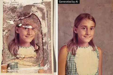 A damaged photo of a girl is shown next to an AI-generated restoration. The AI created a clear image from the bad AI images.