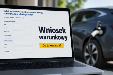 Formularz wniosku o dofinansowanie zakupu samochodu elektrycznego na laptopie. W tle ładowany samochód elektryczny.