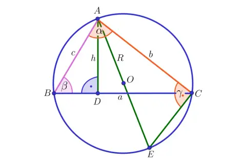 Geometryczny rysunek przedstawia trójkąt wpisany w okrąg, z zaznaczonymi kątami i bokami.