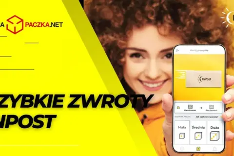 Uśmiechnięta kobieta trzyma smartfon z aplikacją InPost do nadawania przesyłek.