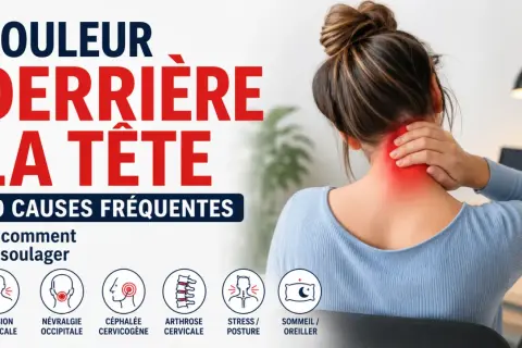 Une femme se tient la nuque, zone rouge indiquant une douleur derrière la tête. L'image liste 10 causes fréquentes de ce mal.