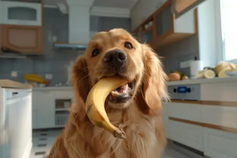 Złoty retriever z bananem w pysku. Czy pies może jeść banana? Ten słodziak zdaje się odpowiadać twierdząco, choć ostrożnie.