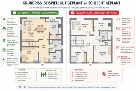 Guter Grundriss: Viel Licht, kurze Wege, Stauraum. So baut man ein Haus praktisch & zukunftsfähig. Schlechter Grundriss: Umständlich, wenig Licht, teuer.