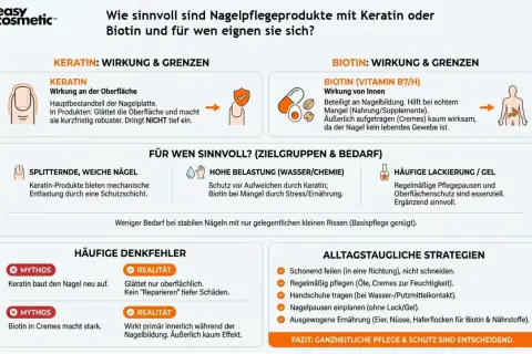 Keratin glättet Nägel oberflächlich. Für splitternde Nägel bietet die Keratin-Wirkung Schutz. Biotin wirkt innerlich.