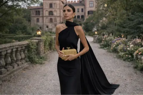 Elegant kvinna i svart klänning med släp och guldfärgad clutch. Perfekt för en **dresscode smoking dam** vid ett slott.