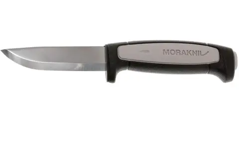 Cuchillo Morakniv robusto con hoja de acero y mango ergonómico gris y negro.