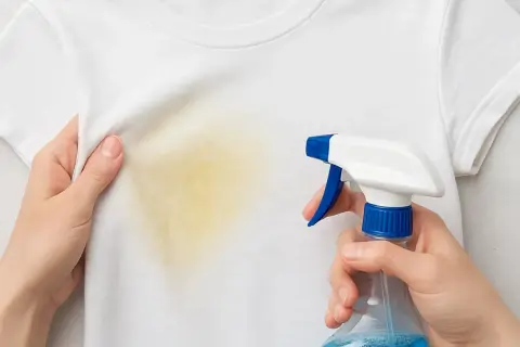 Manos rociando un quitamanchas en una camiseta blanca con una mancha amarilla. Aprende como quitar manchas amarillas en seco.