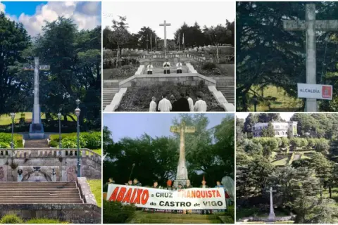 Varias imágenes de la Cruz de Ferro en Castro de Vigo, un monumento conmemorativo y un símbolo histórico.