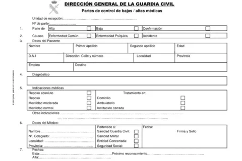 Formulario oficial de la Guardia Civil para partes de bajas y altas médicas. Incluye campos para datos del paciente, diagnóstico y tratamiento, como un justificante médico privado.