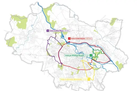 Mapa Wrocławia z zaznaczonymi trasami rowerowymi: śródmiejską (czerwona), po Wielkiej Wyspie (zielona), wzdłuż Ślęzy (fioletowa) i w kierunku Brochowa (żółta).