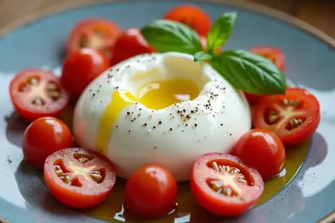Ser burrata z pomidorkami koktajlowymi i bazylią. Jak jeść? Rozpływający się środek, świeże warzywa i oliwa tworzą idealne połączenie.