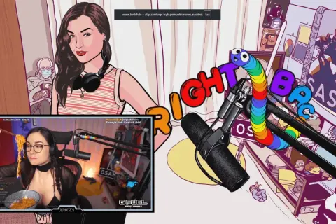Sasha Grey w Polsce, jedząca makaron podczas transmisji na żywo. W tle kolorowe litery i rysunki.