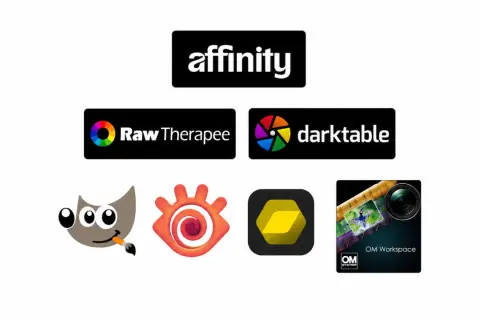 Logos de logiciels de retouche photo : Affinity, RawTherapee, Darktable, GIMP, et OM Workspace. Des outils pour explorer le monde du logiciel photo RAW gratuit.