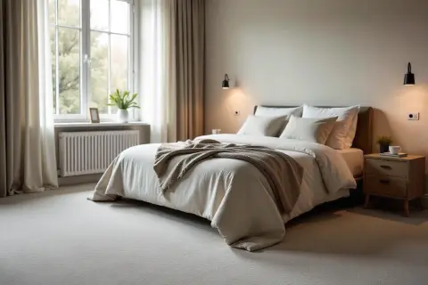 Mysigt sovrum med ljus heltäckningsmatta som ger golv sovrum inspiration. En stor säng med vita sängkläder och en beige pläd.