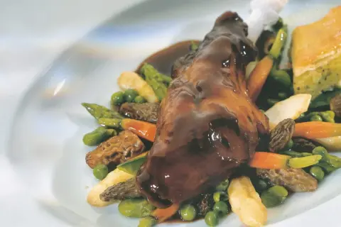Ein köstliches Kaninchen-Rezept: zartes Kaninchenfleisch in dunkler Sauce, serviert mit Spargel, Erbsen, Karotten und Morcheln.