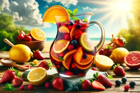 Orzeźwiająca sangria wino w dzbanku, pełna owoców: pomarańczy, cytryn, truskawek i borówek. Idealna na letni dzień.