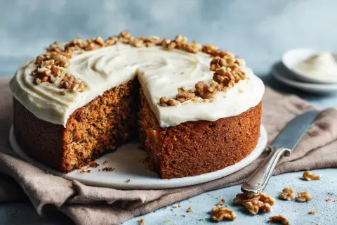 Saftig morotskaka med krämig frosting och valnötter, perfekt för ett gott morotskaka recept.