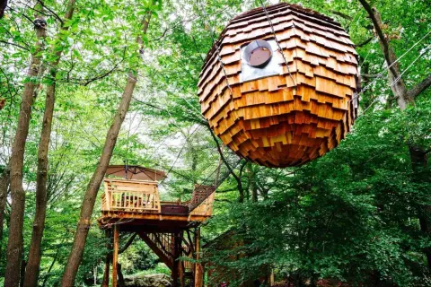 Une cabane sphérique en bois suspendue dans les arbres, à côté d'une autre cabane sur pilotis. Une balade insolite dans la nature.